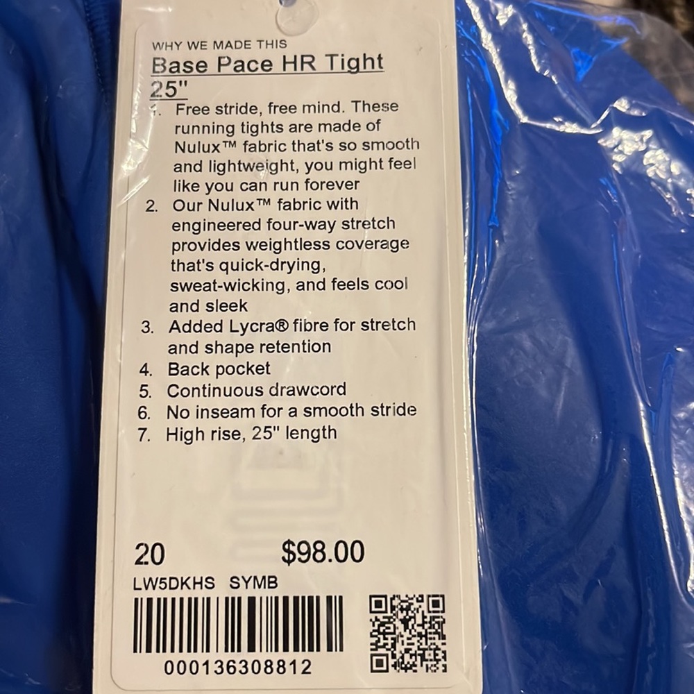 Lululemon Base Pace High Rise Running Tight 25” Size 20 Athletic Solid Blue NWT - Picture 3 of 3